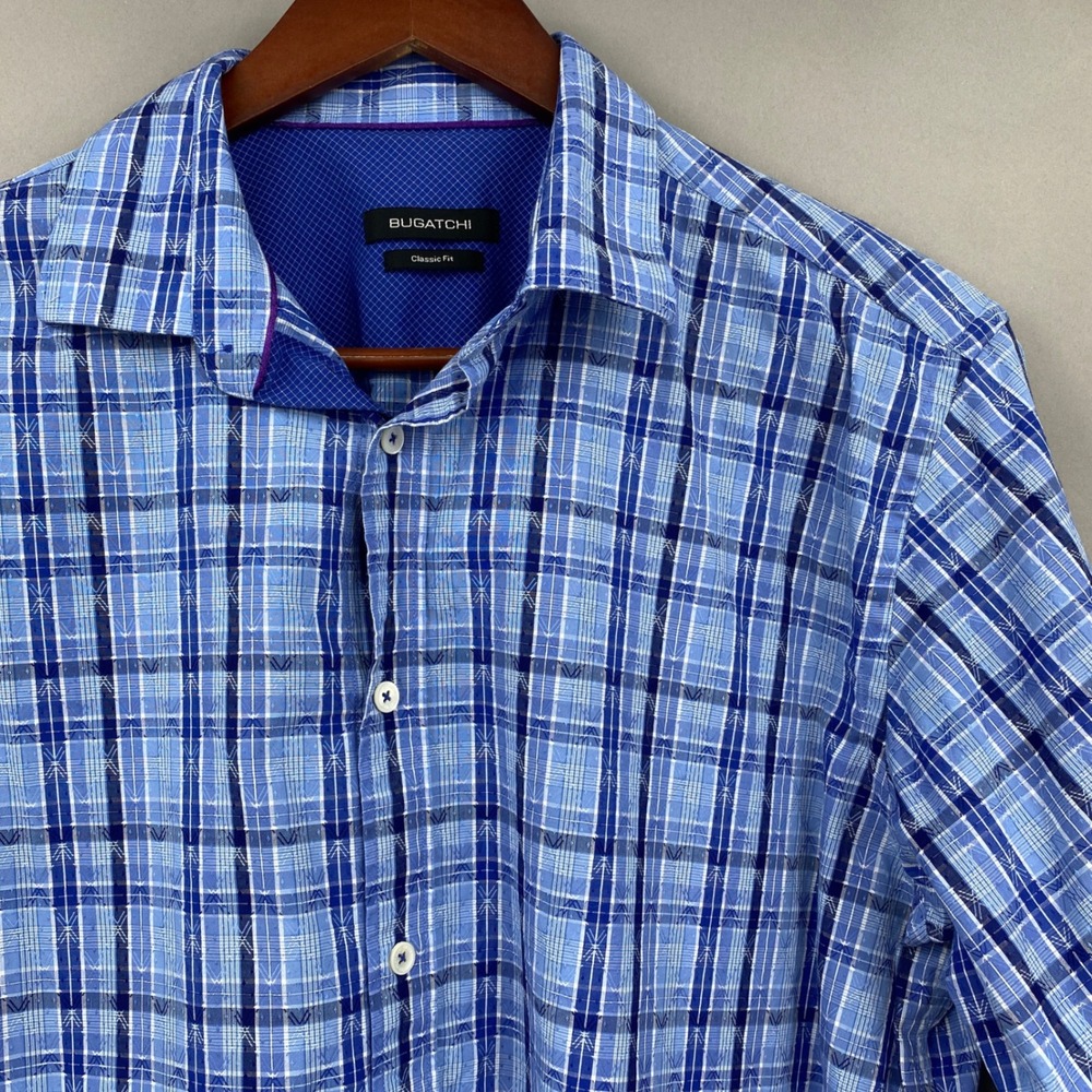 Bugatchi Plaid Button Down Shirt Mens Large Blue Classic Fit Long Sleeve Cotton